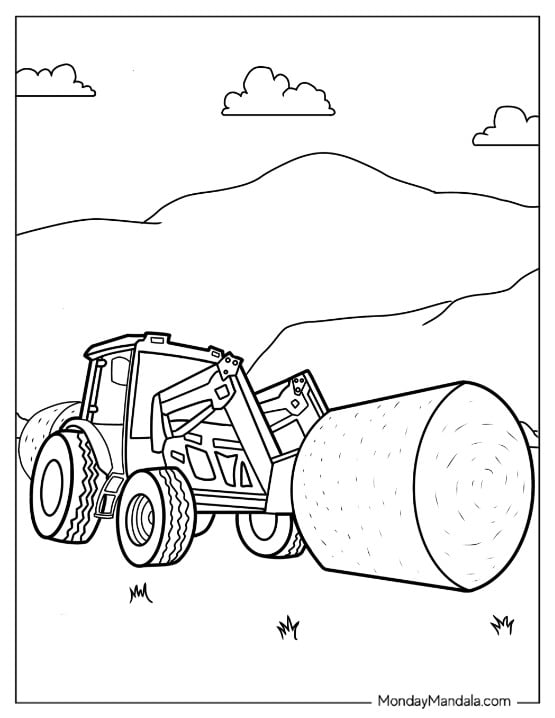 Simple Farm Tractor Coloring Page with Front Loader and Round Hay Bale