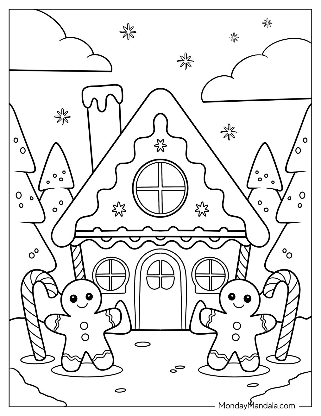 Simple Gingerbread House Coloring Page with Candy Canes and Gingerbread Men Outside for Kids