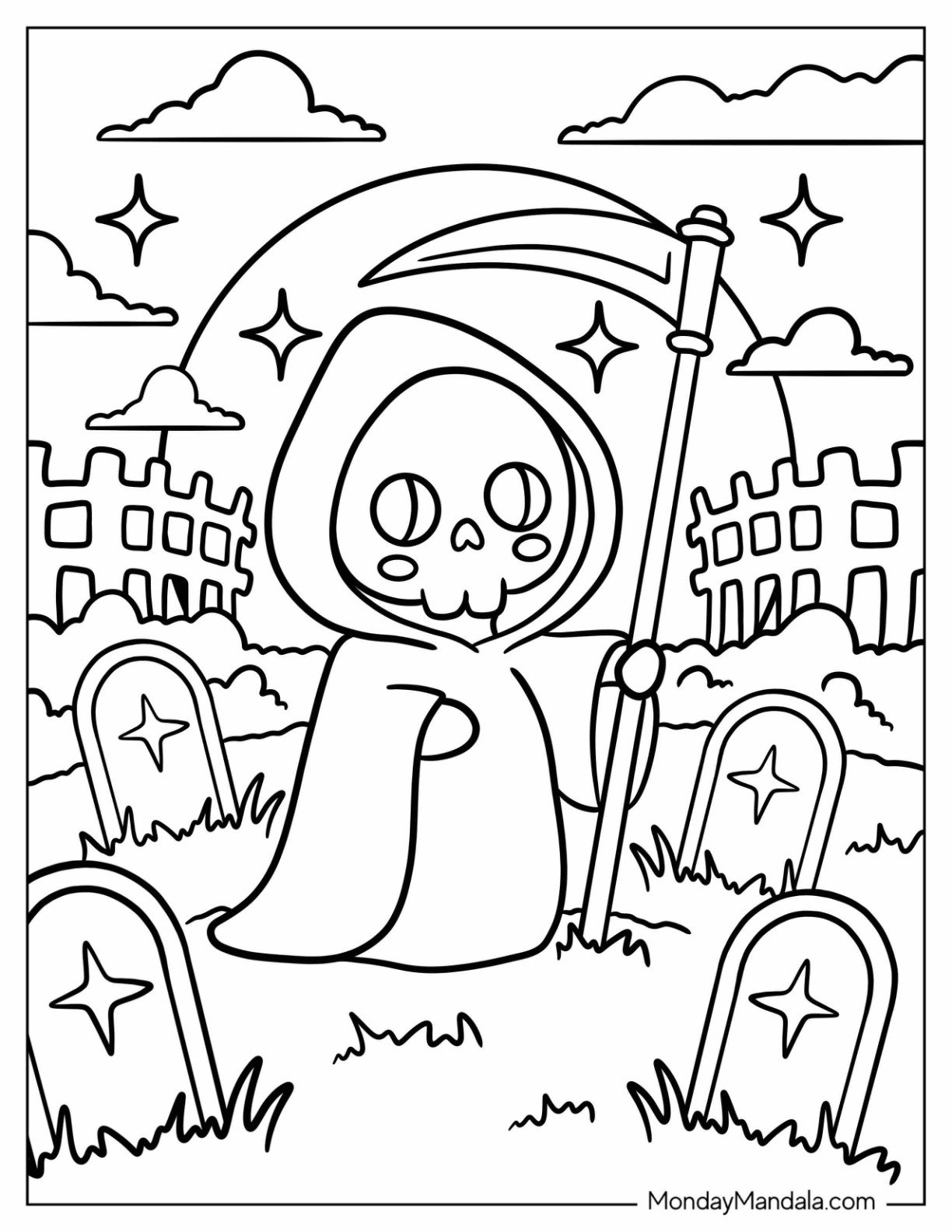 Simple Grim Reaper Coloring Page in Graveyard with Full Moon and Sparkles for Preschoolers