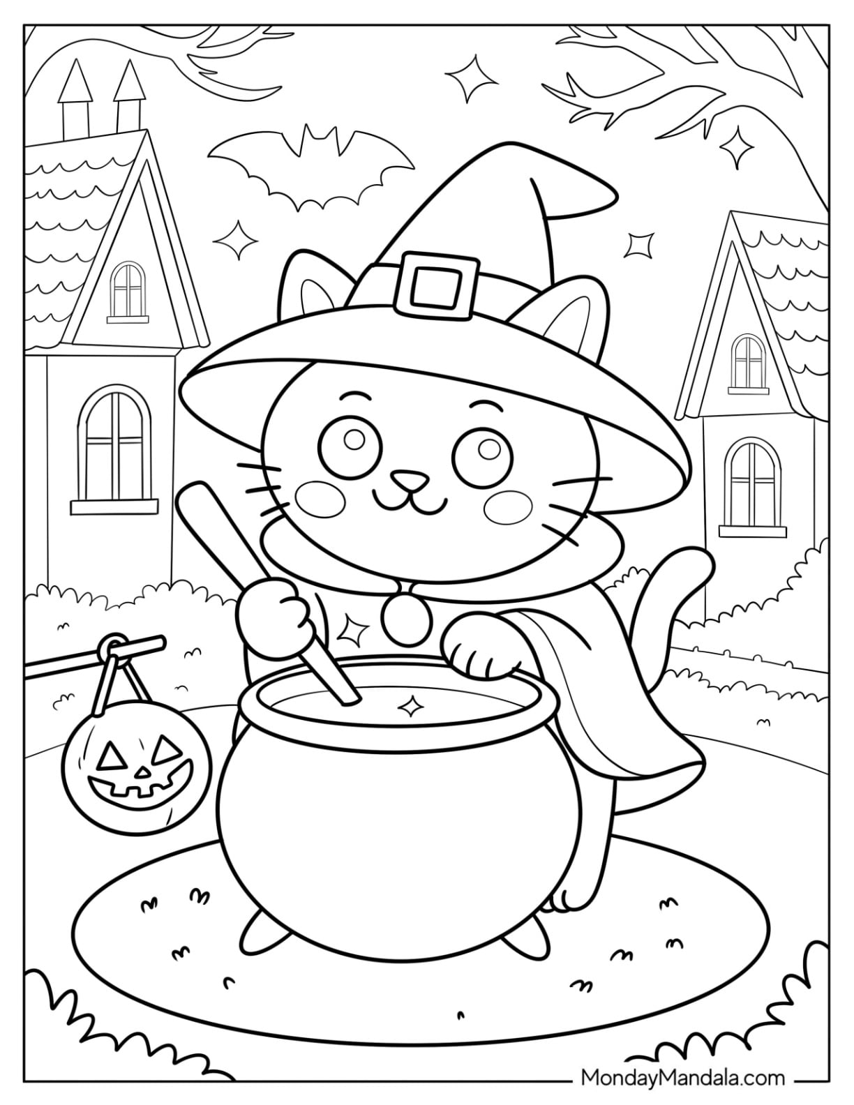 Simple Halloween Cat Coloring Page Stirring Witch Cauldron for Preschoolers