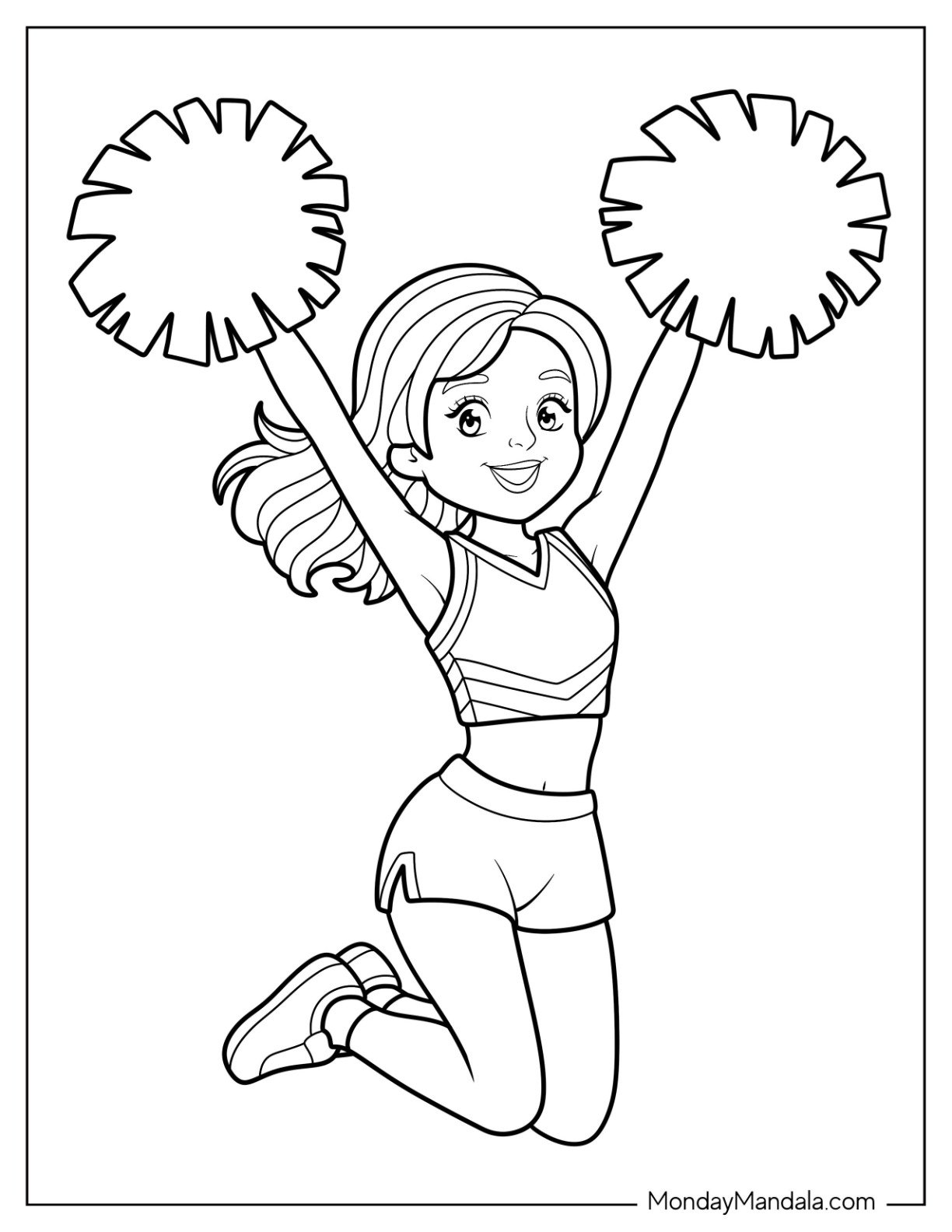 Simple Happy Cheerleading Coloring Page Doing a Jump with Raised Pom Poms