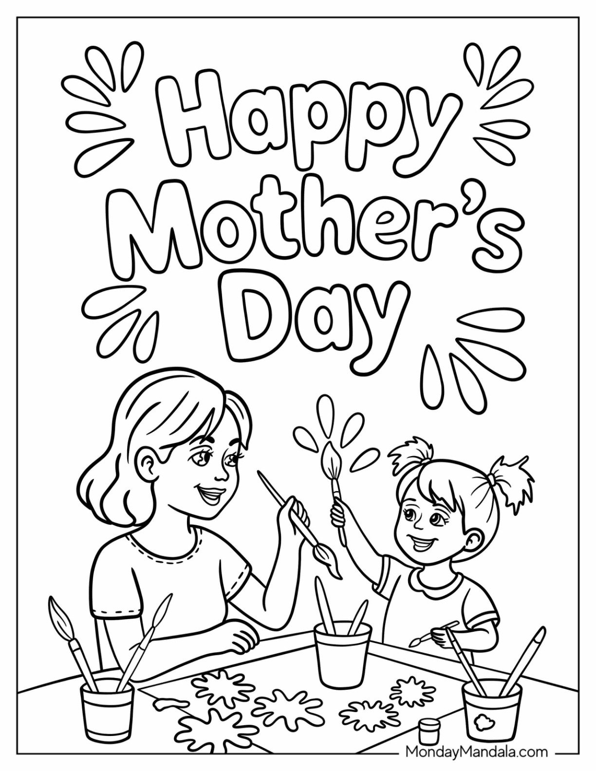 Simple Happy Mother's Day Coloring Page With Mom and Daughter Painting For Kids