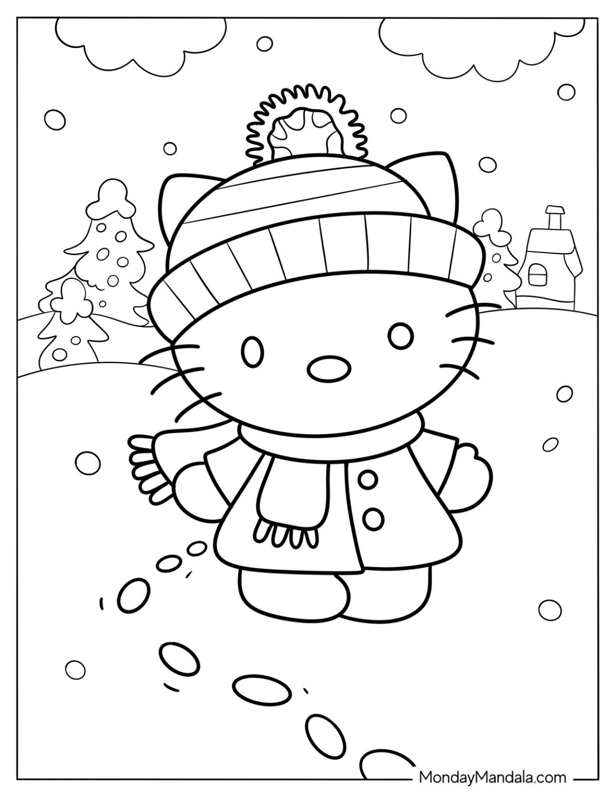 Simple Hello Kitty In Winter Coloring Page For Preschoolers