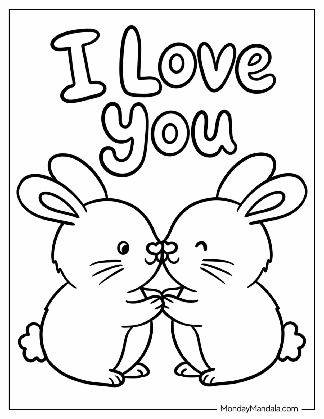 Simple I Love You Bunnies Sharing a Flower Coloring Page for Preschoolers