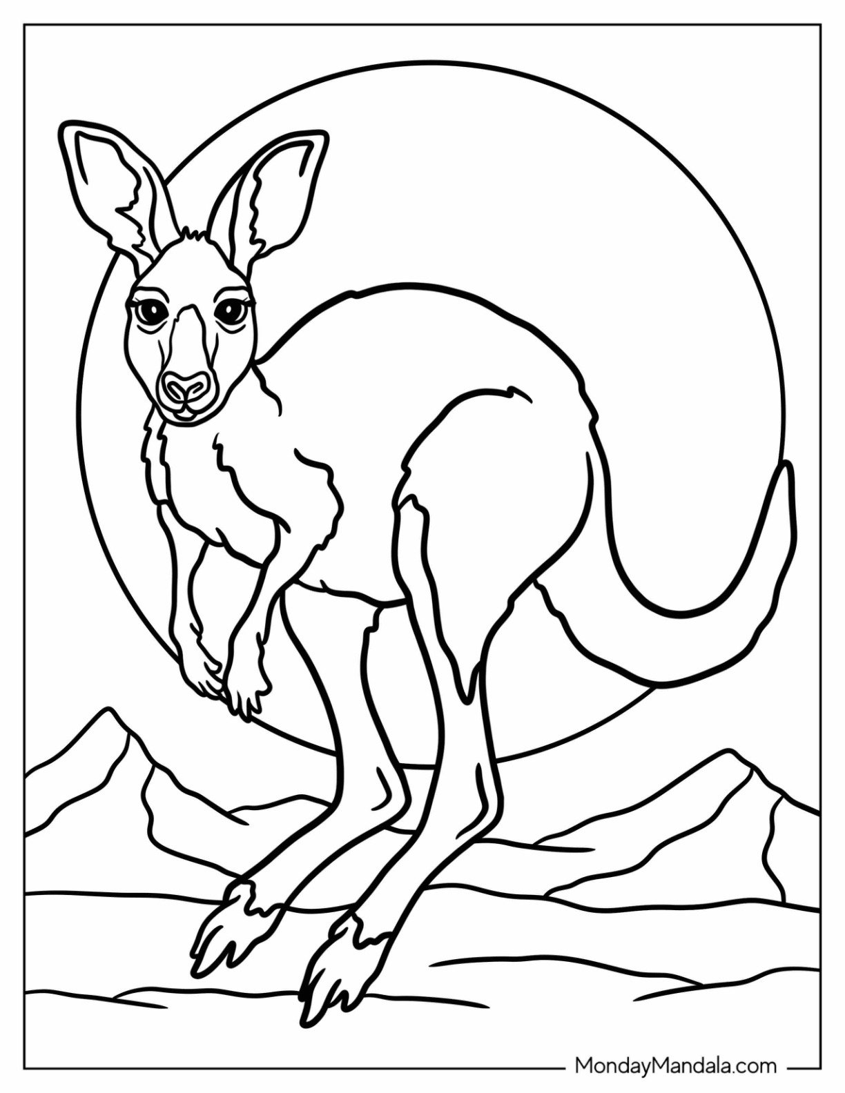 Simple Kangaroo Coloring Page Hopping Across the Outback with the Sun in the Sky for Kids