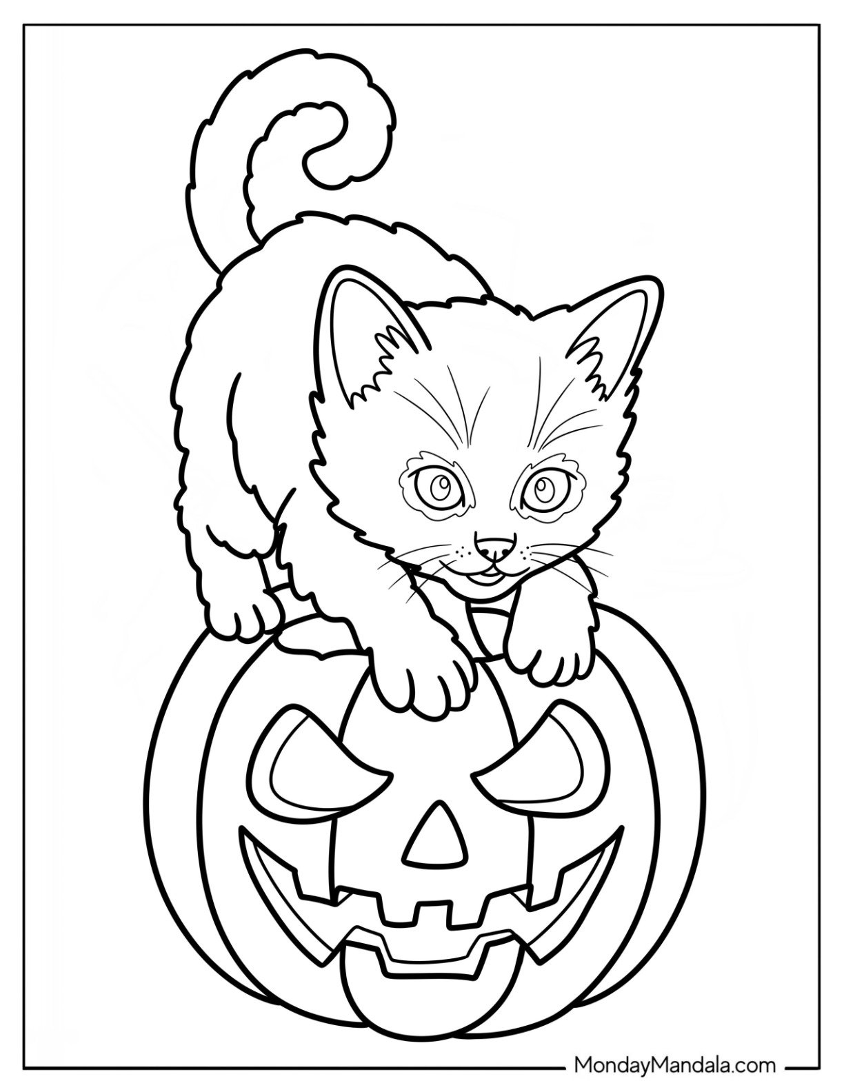 Simple Kitten Coloring Page Climbing on Top of Jack o Lantern for Preschoolers