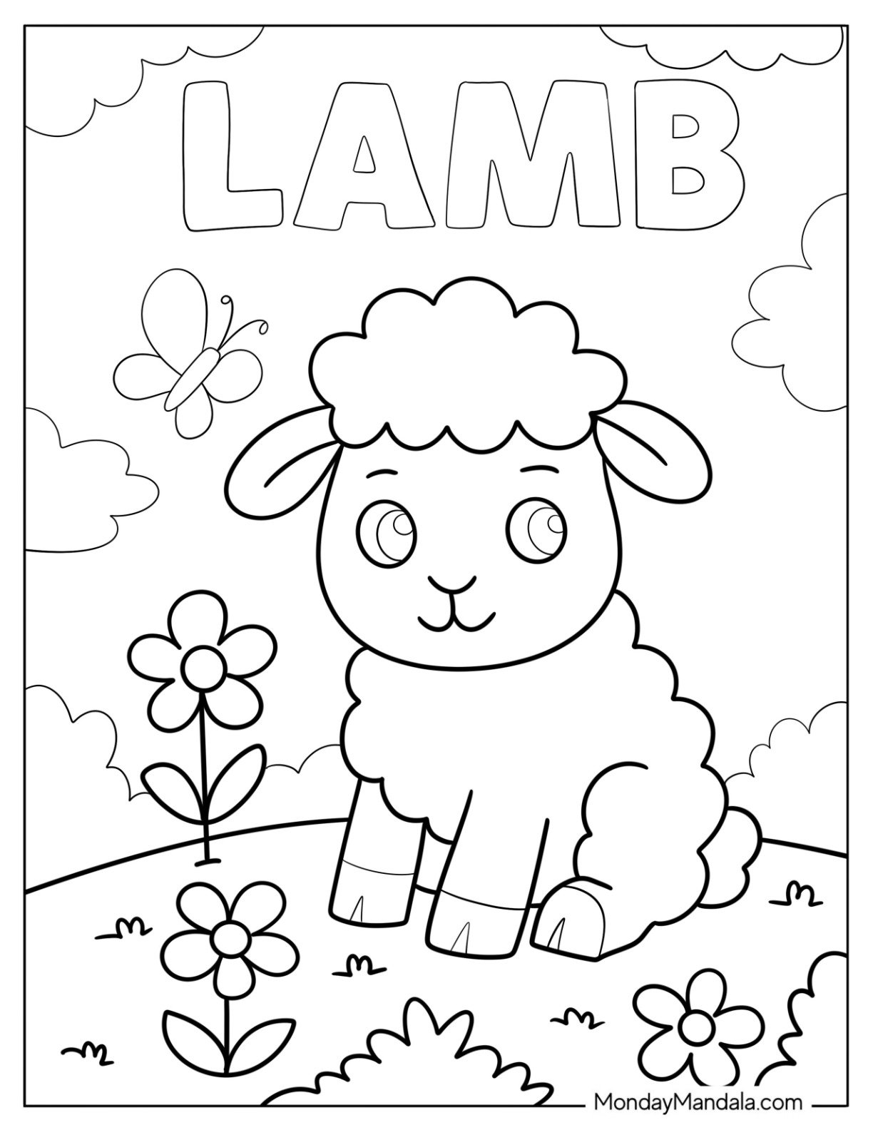 Simple Sheep Coloring Page with Flowers and Butterfly for Preschoolers