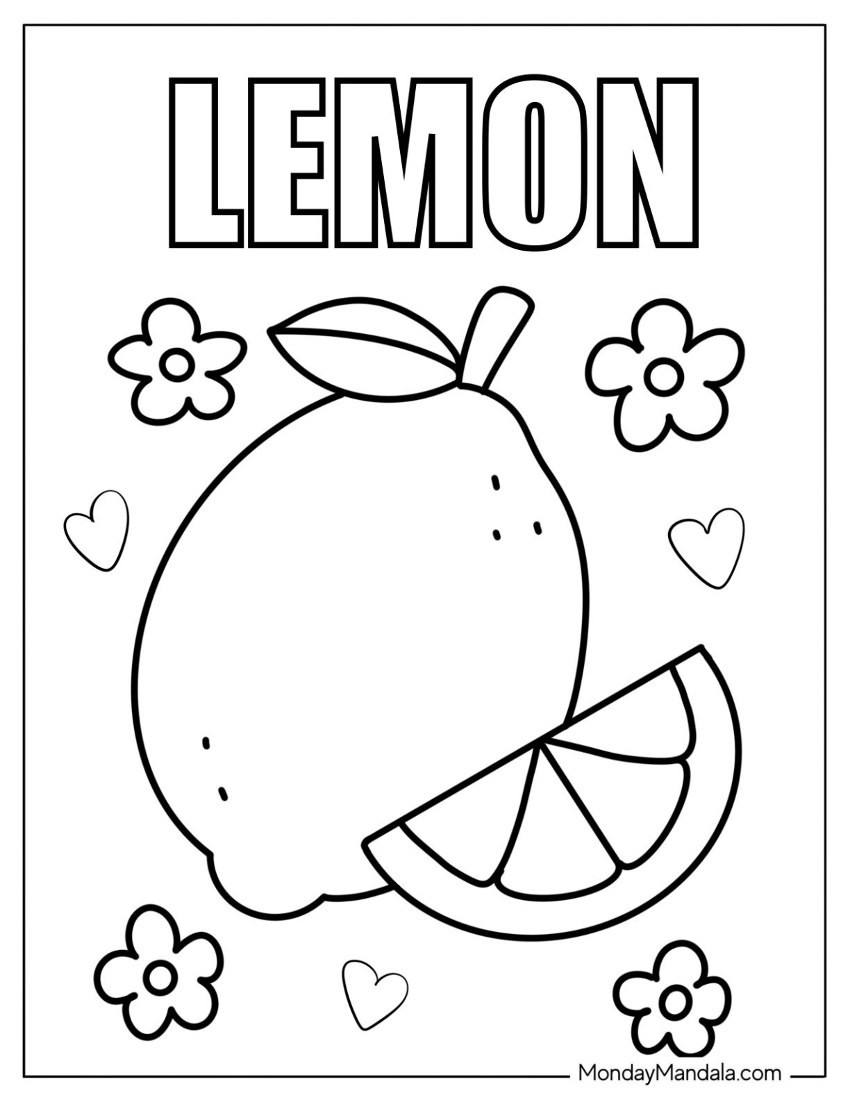 Simple Lemon Coloring Page Flashcard with Love Hearts and Flowers.pdf