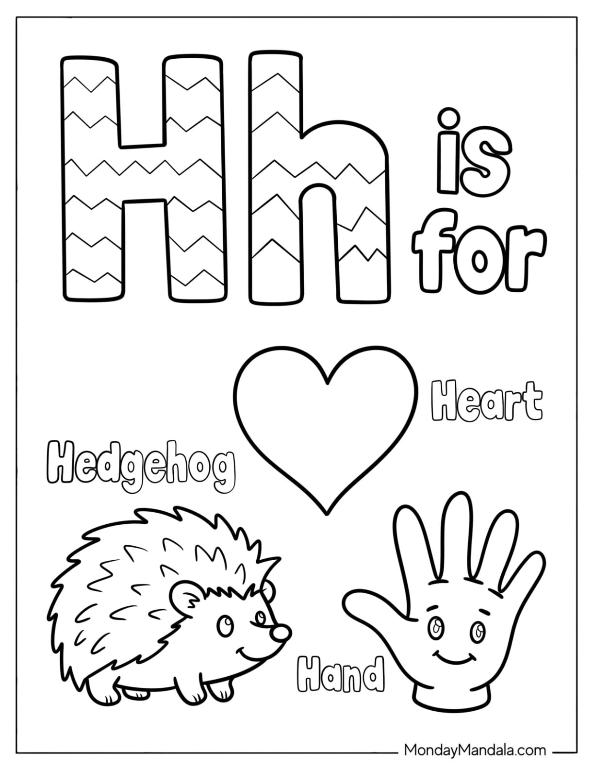Simple Letter H Coloring Page is for Hedgehog, Hand, and Heart for Kids