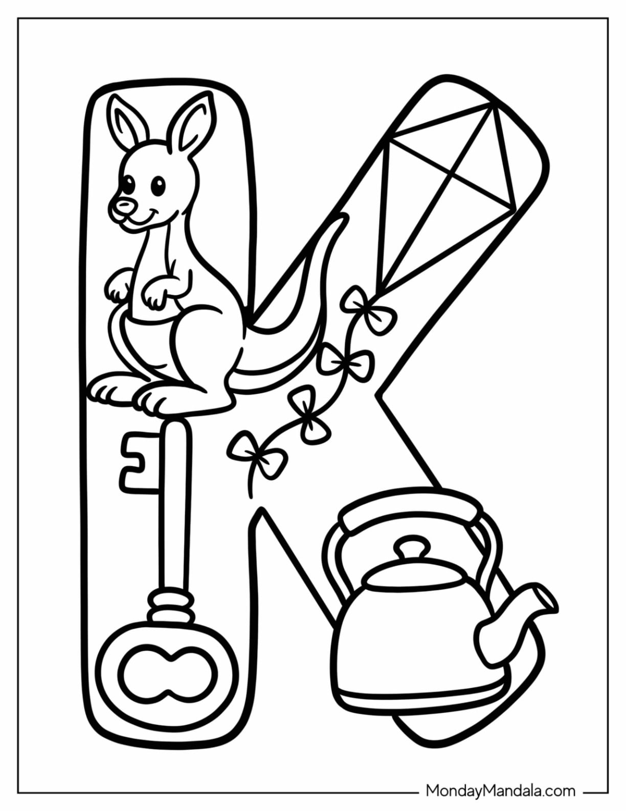 Simple Letter K Coloring Page with Kangaroo, Kite, Key, and Kettle for Preschoolers