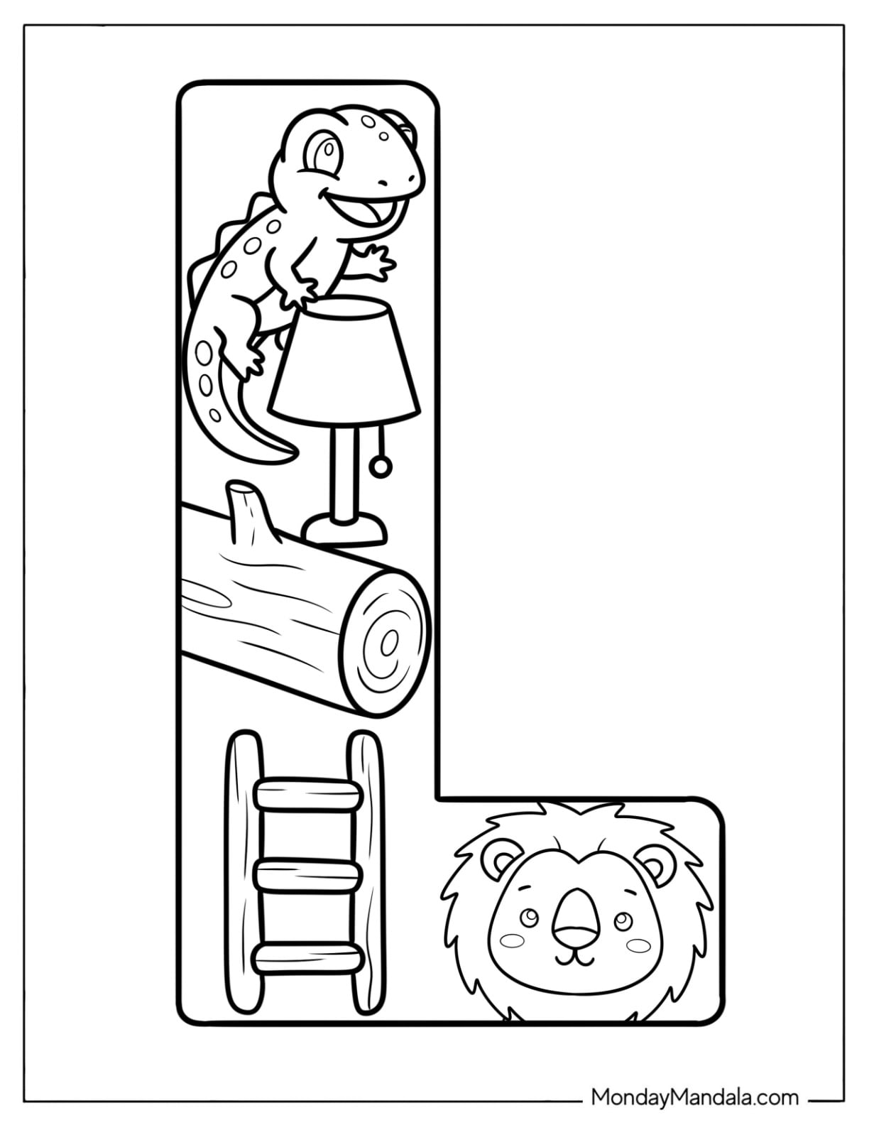 Simple Letter L Coloring Page with Lizard, Lamp, Ladder, and Lion