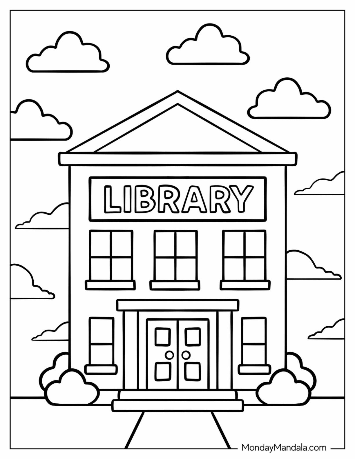 Simple Library Coloring Page Building with Large Sign, Clouds, and Front Steps for Kids