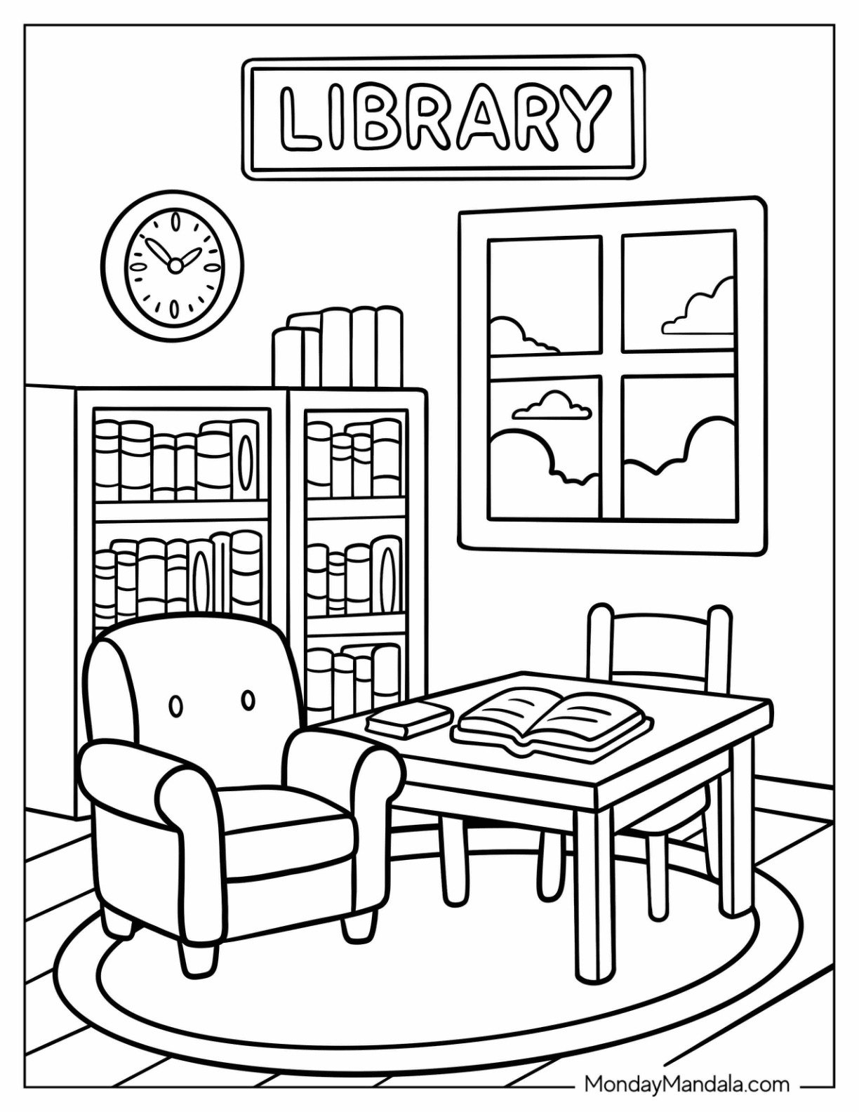 Simple Library Coloring Page Reading Nook with Chair, Bookshelf, and Window View for Preschoolers