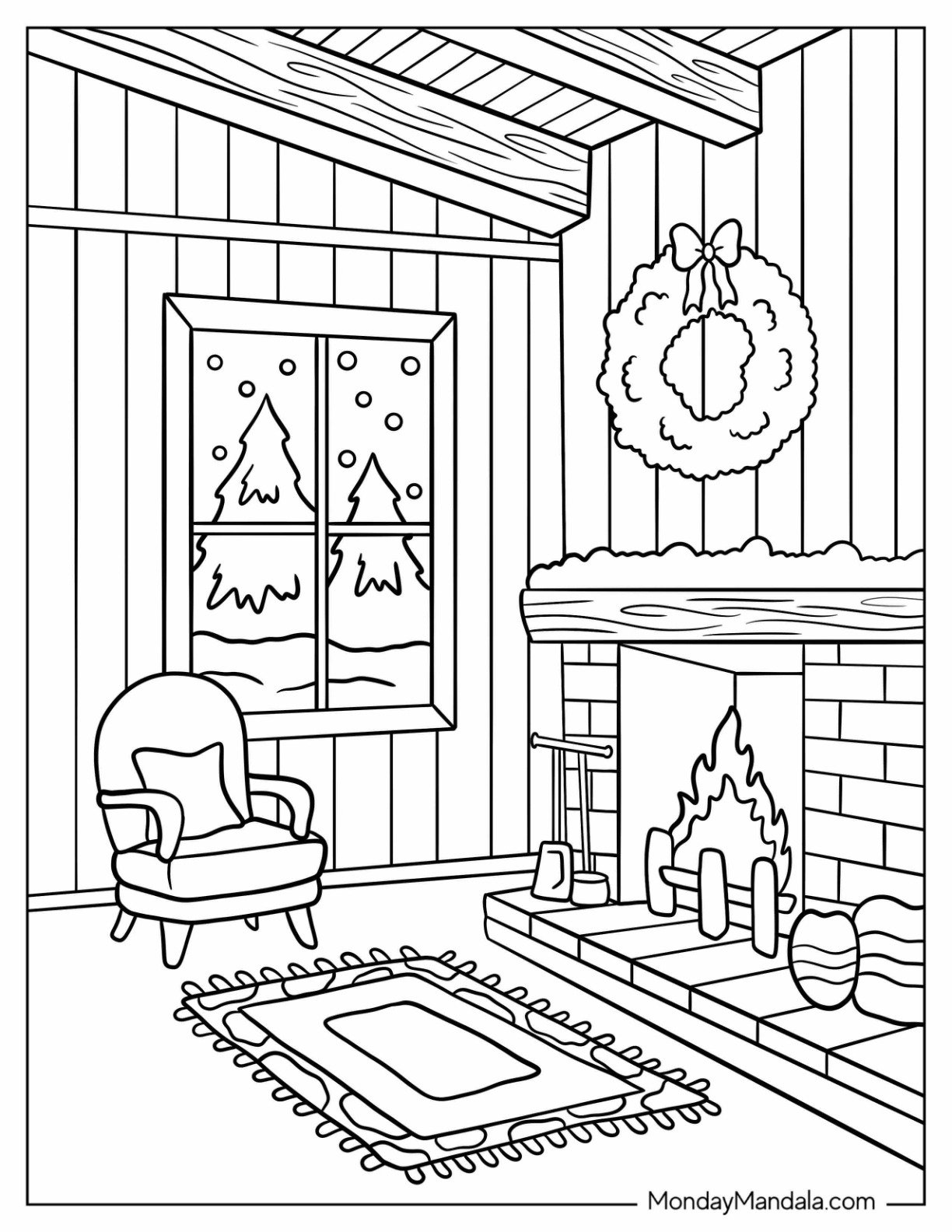 Simple Living Room Fireplace Coloring Page With Christmas Wreath On Top For Kids