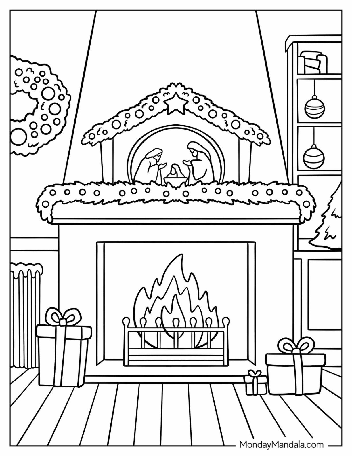 Simple Nativity On Top Of A Fireplace Coloring Page On Christmas