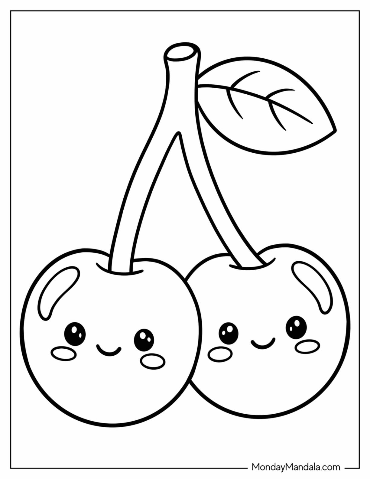 Simple Pair of Cherries with Leaves Coloring Page for Preschoolers