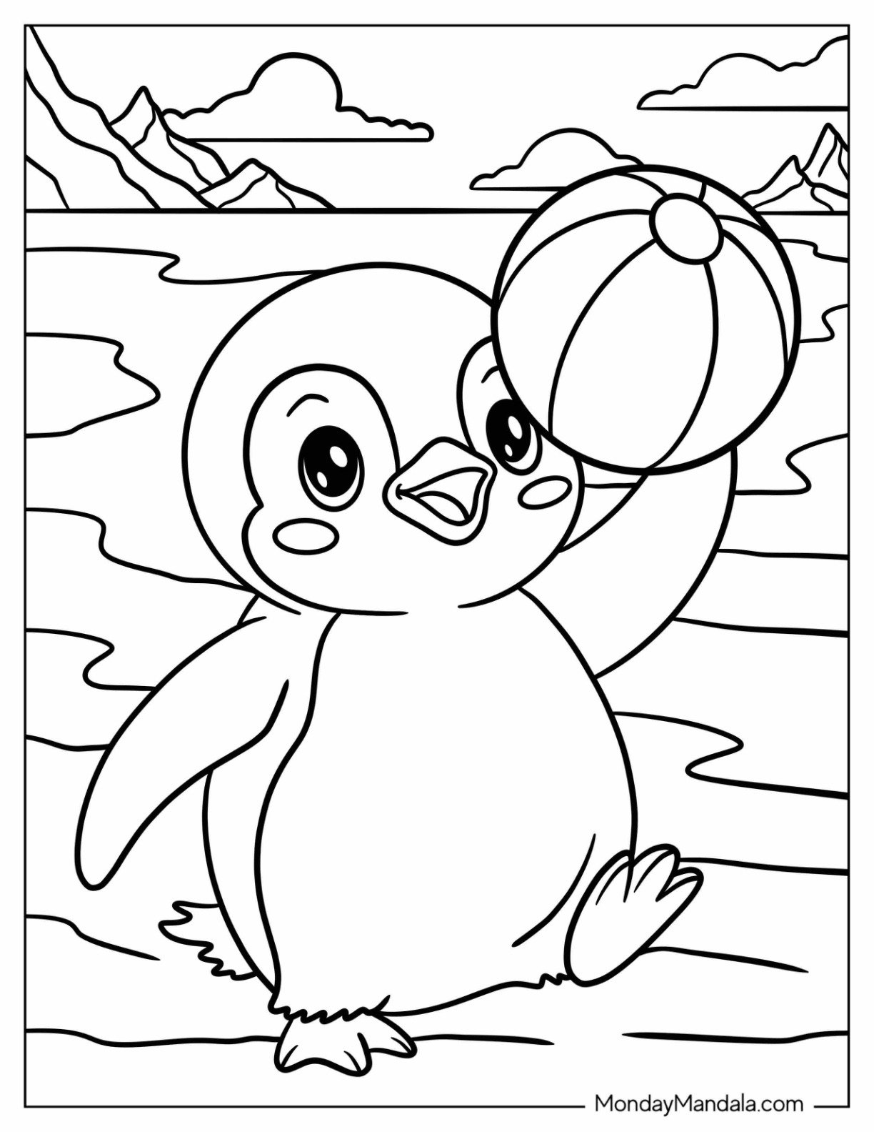 Simple Penguin Coloring Page Holding Up a Beachball for Preschoolers