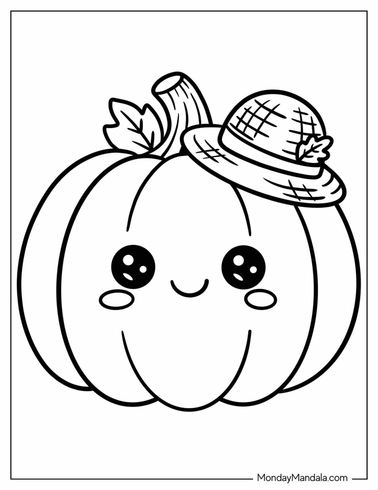 Simple Pumpkin with a Straw Hat Coloring Page for Preschoolers