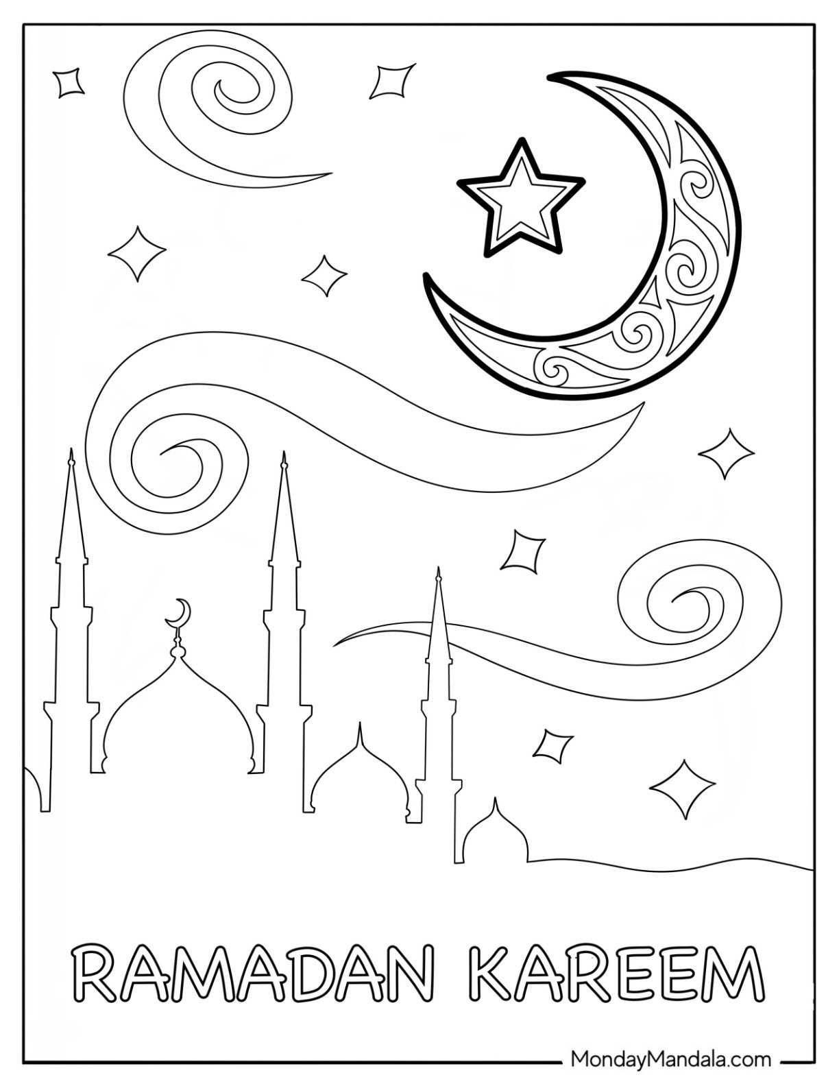 Simple Ramadan Coloring Page of Night Sky with Crescent Moon, Stars, and Mosque Domes for Kids