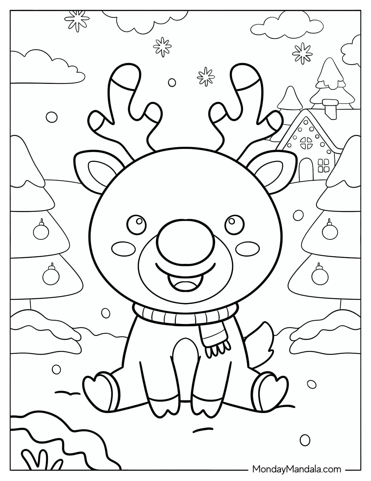 Simple Rudolph with Scarf Sitting on the Snow Coloring Page for Preschoolers