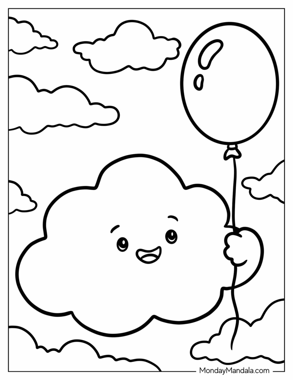Simple Smiling Cloud Holding a Balloon Coloring Page for Kids