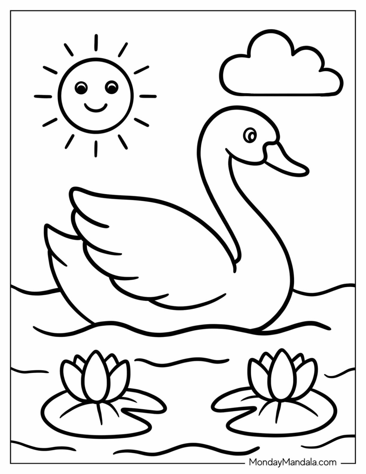 Simple Swan Coloring Page with Lotus Flowers and Sun for Kids