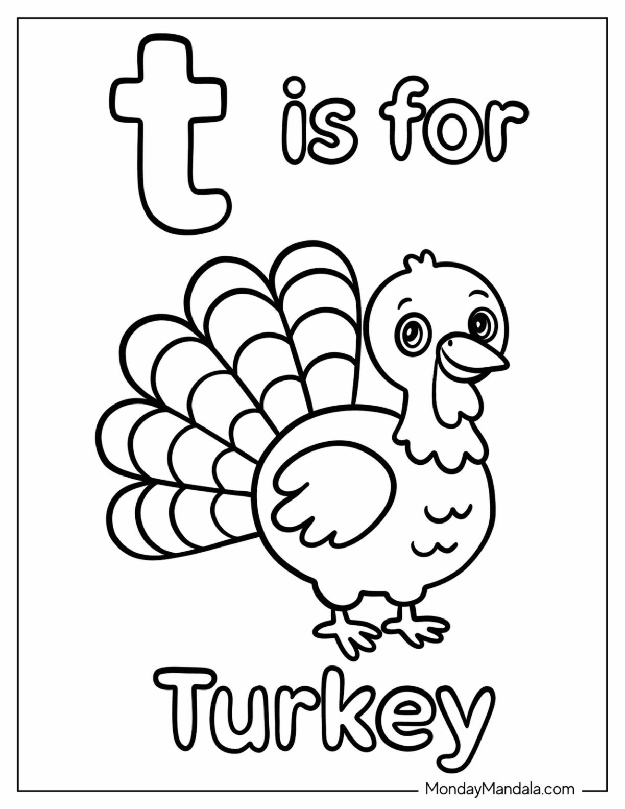 Simple T for Turkey Coloring Page Flashcard for Preschoolers