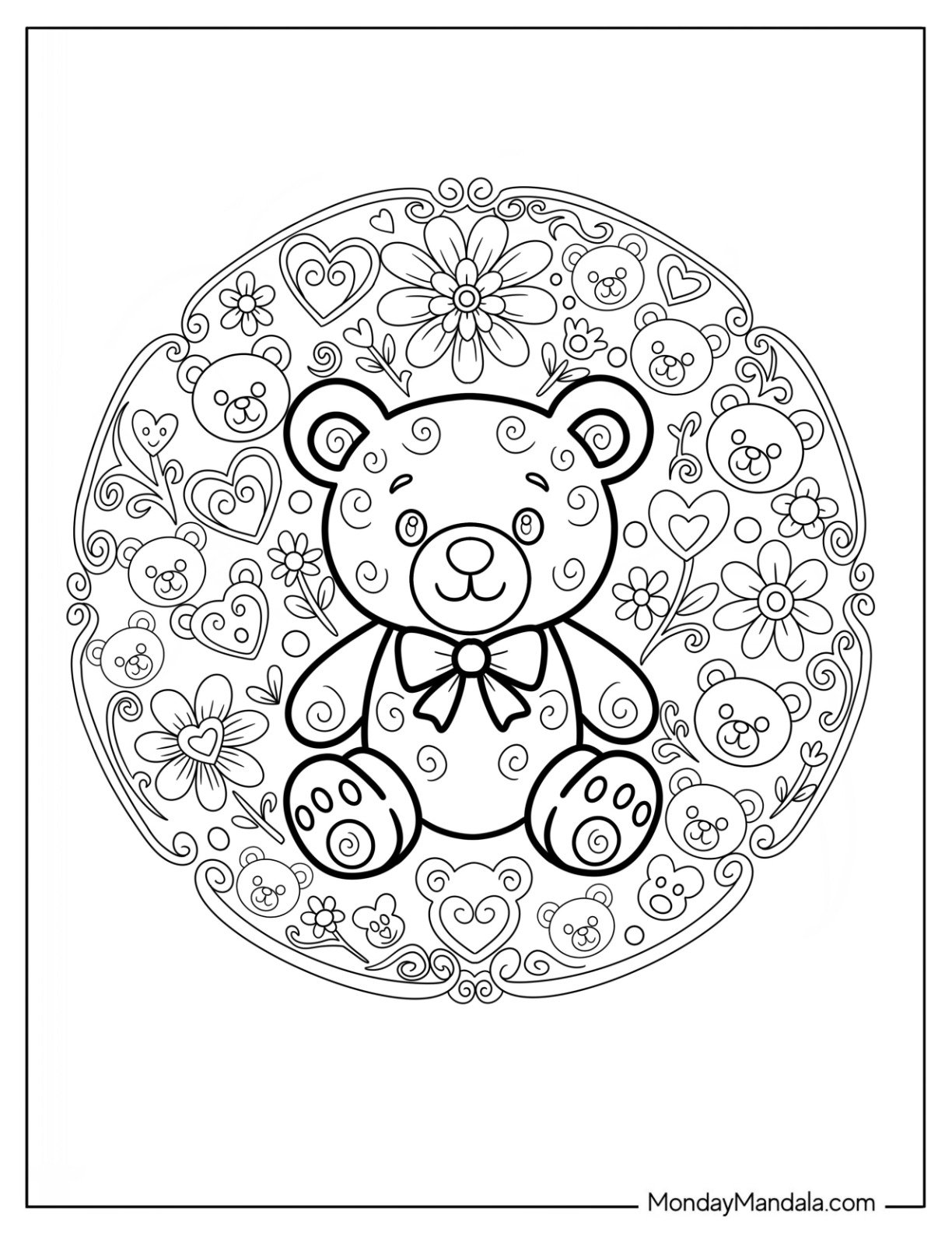 Simple Teddy Bear Coloring Page with Swirls in a Floral Mandala