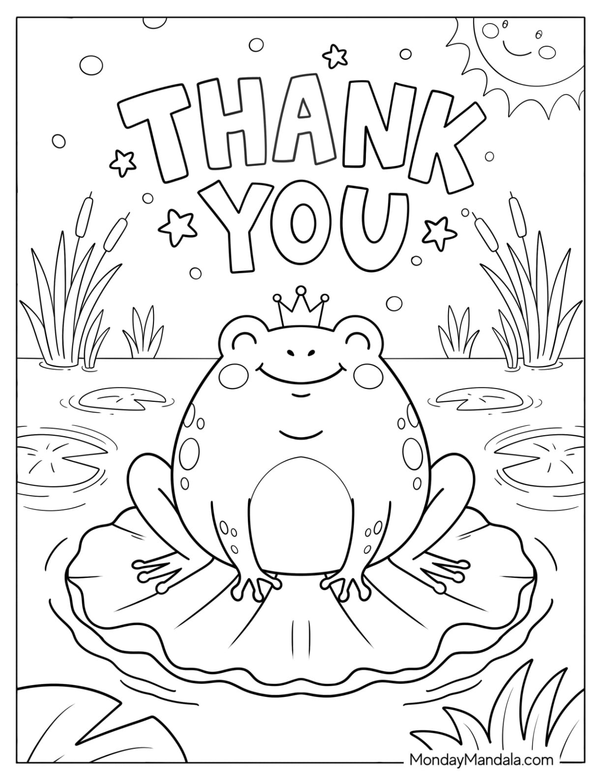 Simple Thank You Over a Frog on a Lily Pad Coloring Sheet for Kids