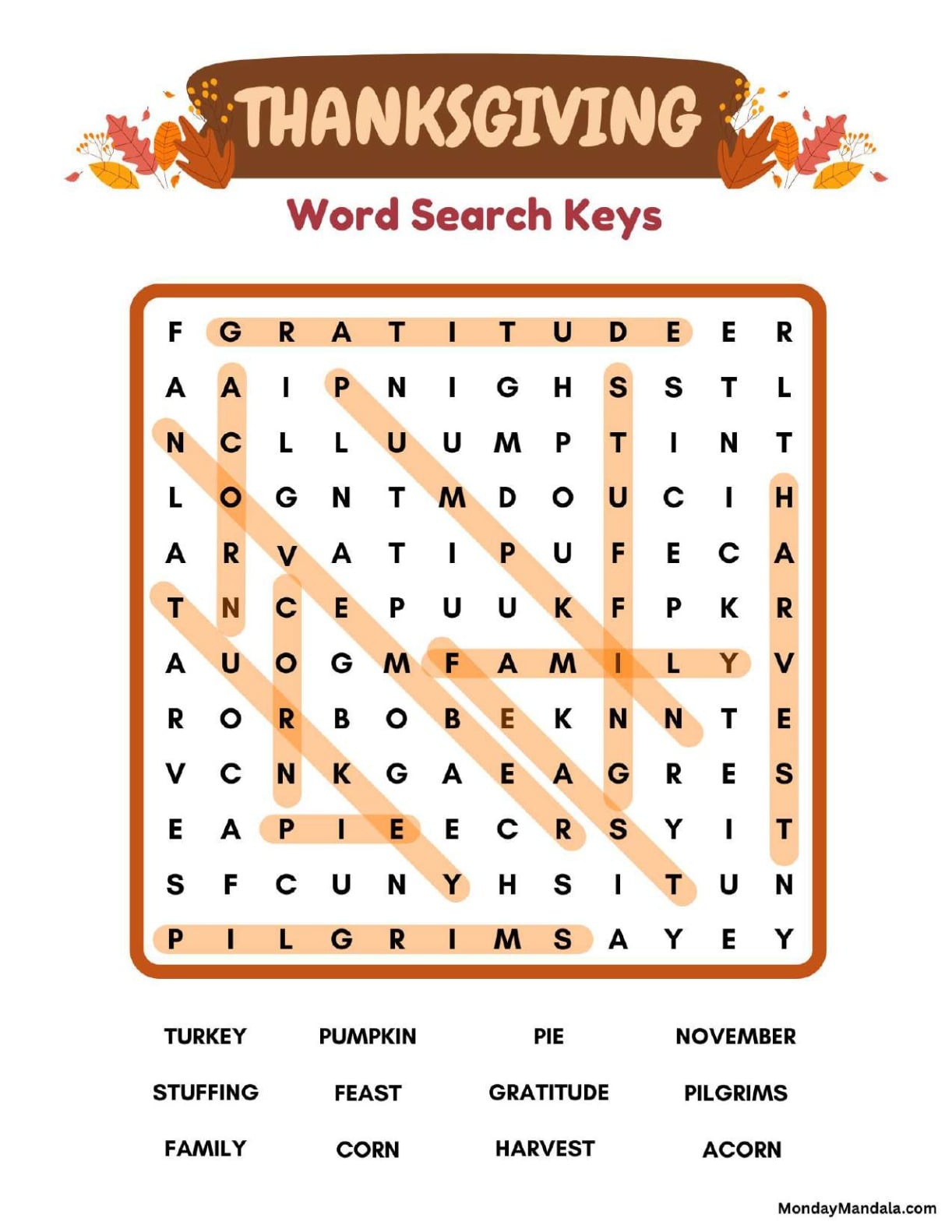 Simple Thanksgiving Word Search Answer Key