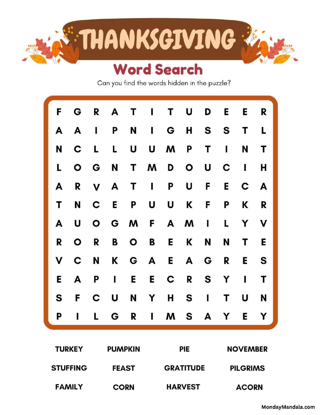 Simple Thanksgiving Word Search