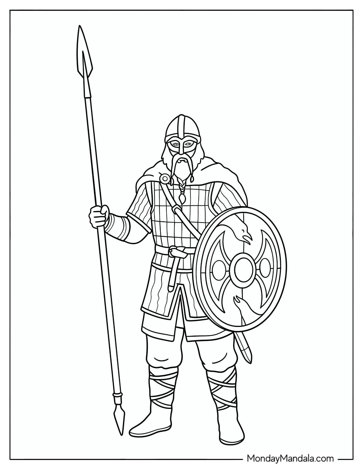 Simple Viking Warrior with Spear and Round Shield Coloring Page