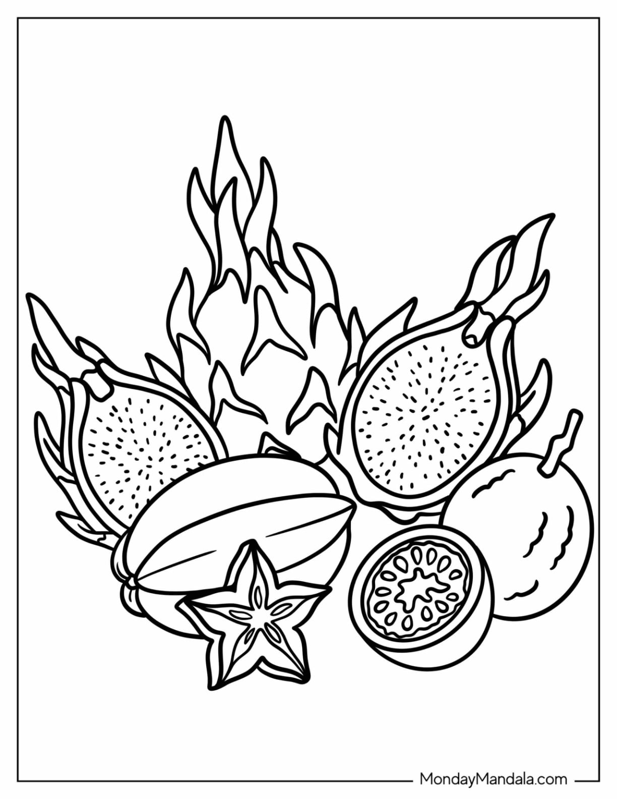 Simple Whole and Halved Dragon Fruits Coloring Sheet