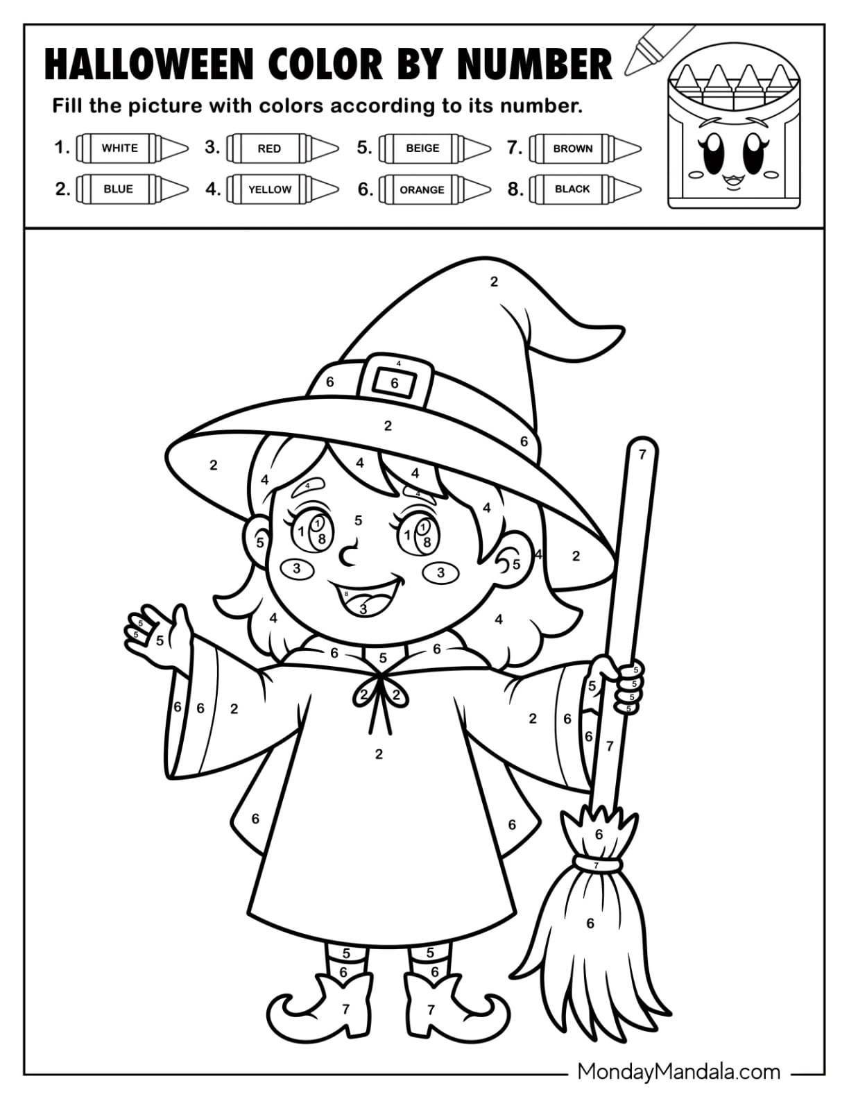 Simple Witch Holding a Broom Halloween Color by Number