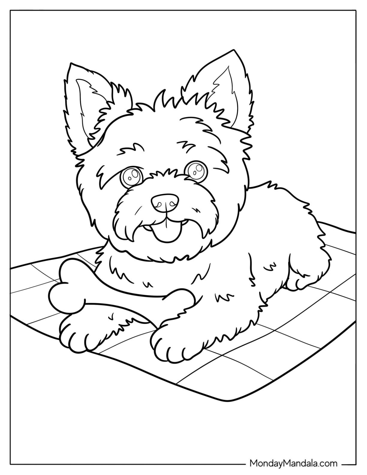 Simple Yorkie Coloring Page of Terrier Puppy in Park with Picnic and Bone For Preschoolers