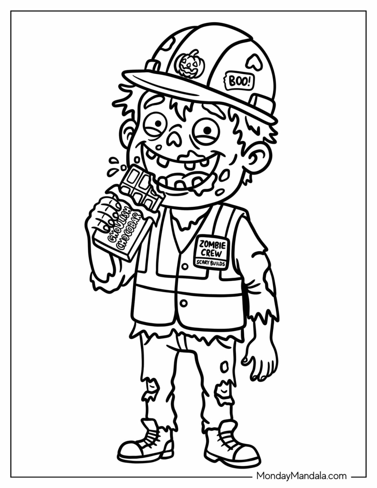 Simple Zombie Crew Eating Ghoulish Chocobar Coloring Page for Kids