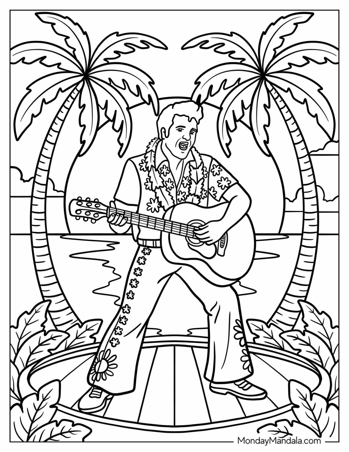 Singing Elvis Coloring Page with a Guitar at the Beach with Sunset and Palm Trees