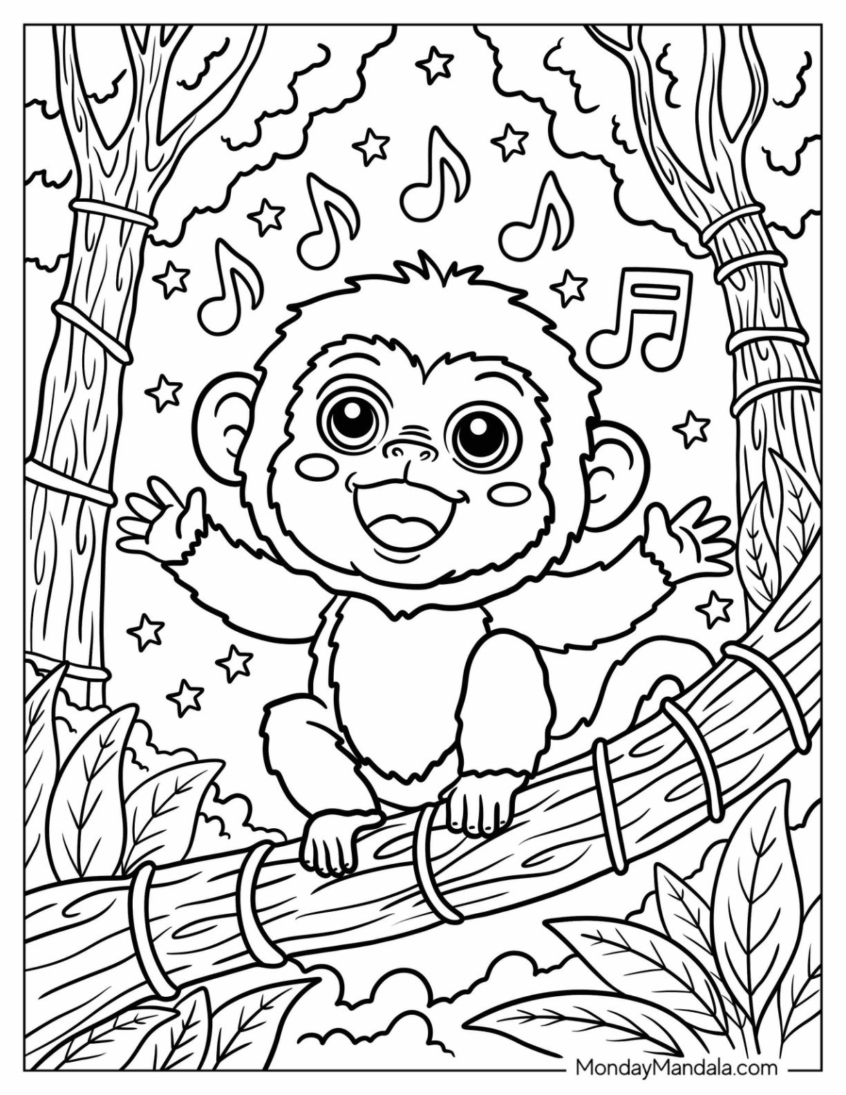 Singing Monkey Coloring Page in the Jungle for Kids