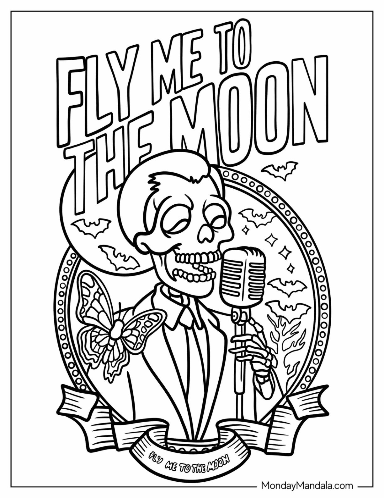 Halloween Coloring Page for Adults of Singing Skeleton with Vintage Microphone and Butterfly