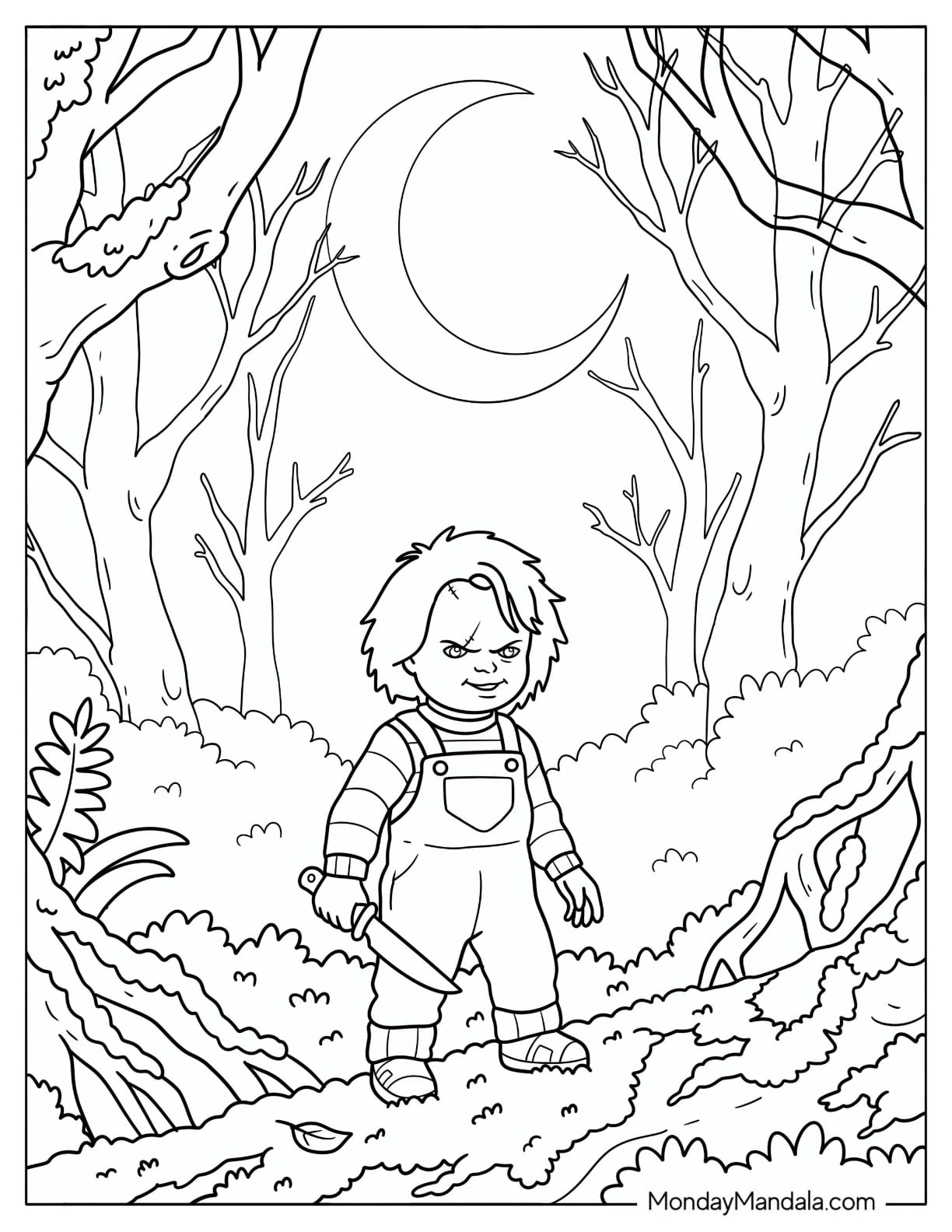 Sinister Chucky Coloring Page in a Forest