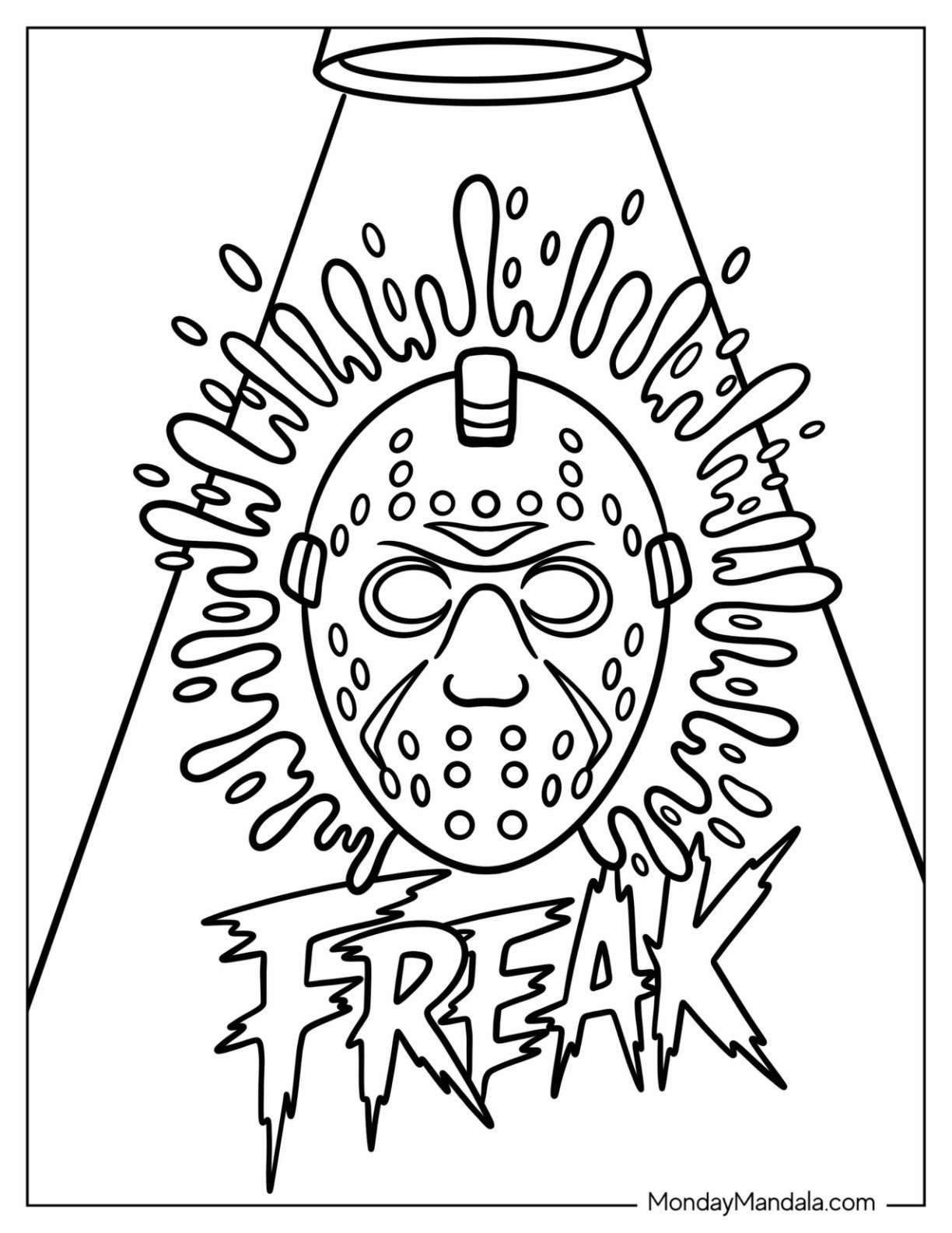 Horror Coloring Page of Sinister Hockey Mask with Freak Splash Lettering