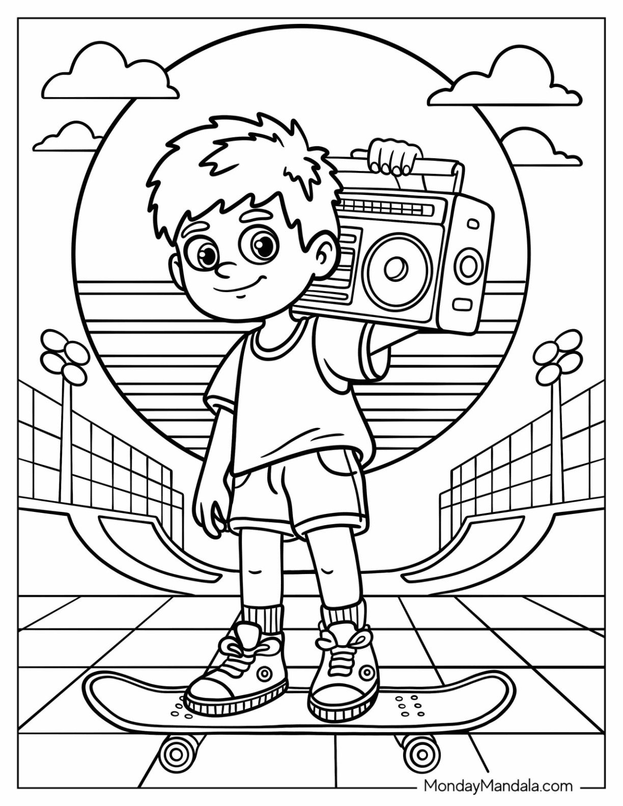 Skater Boy with Boombox at the Park 80’s Coloring Page for Kids