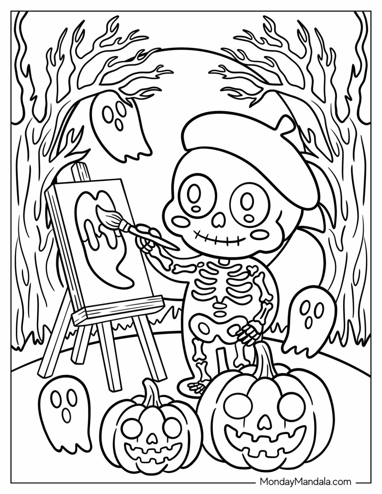 Skeleton Coloring Page Artist Painting in a Haunted Pumpkin Patch
