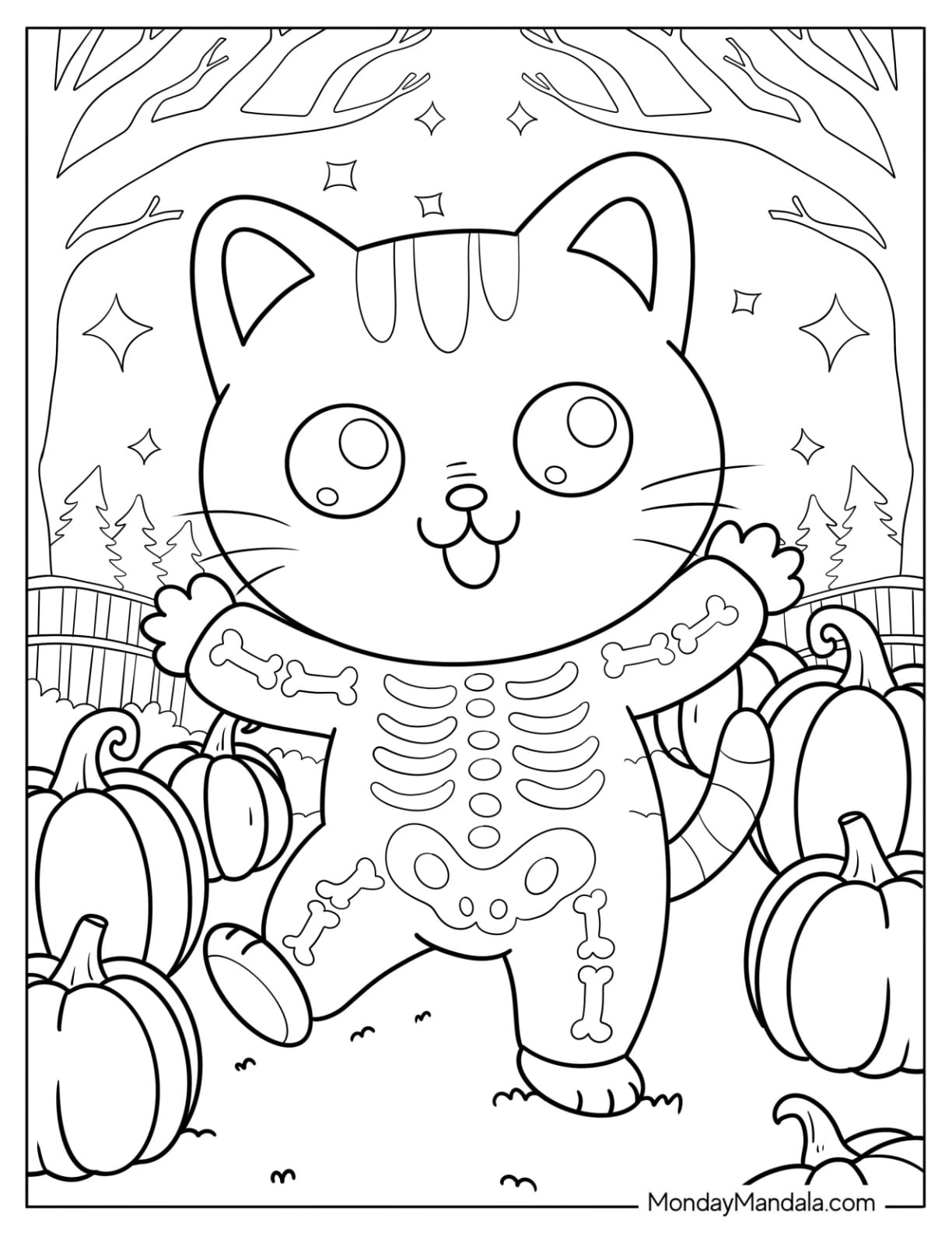 Skeleton Halloween Cat Coloring Page Dancing among Pumpkins for Preschoolers