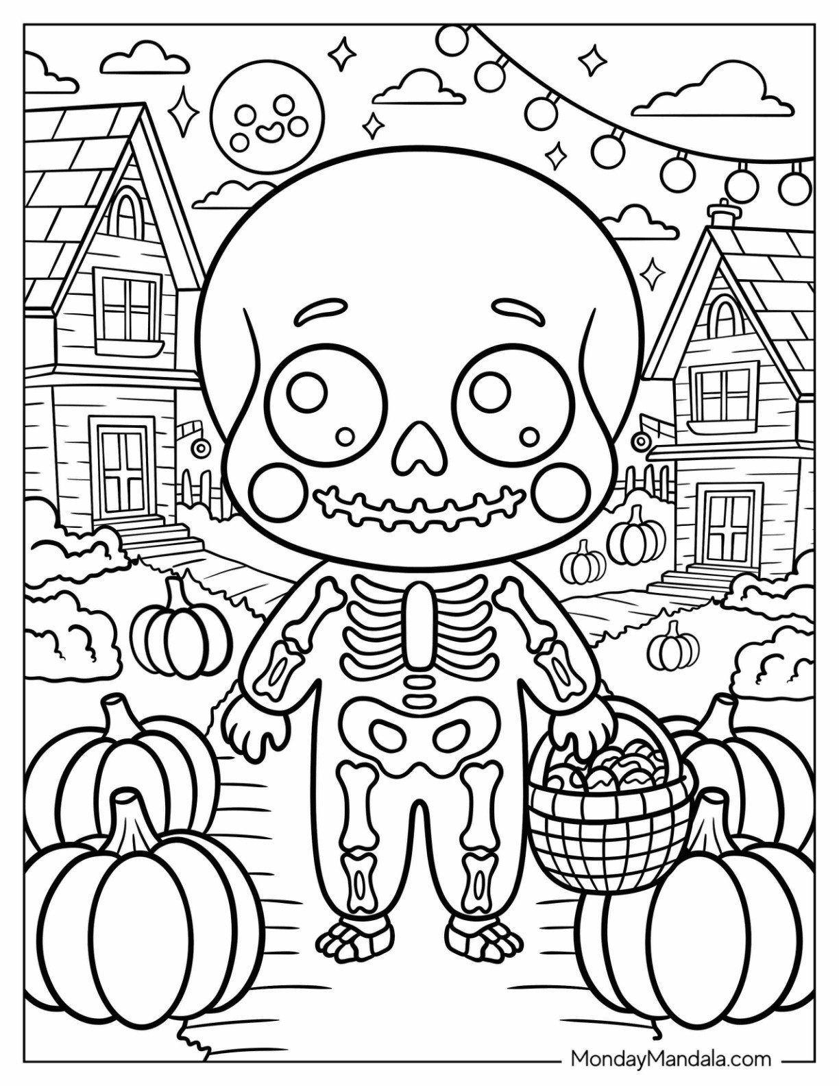 Skeleton Coloring Page Kid Trick or Treating in a Haunted Village for Kids