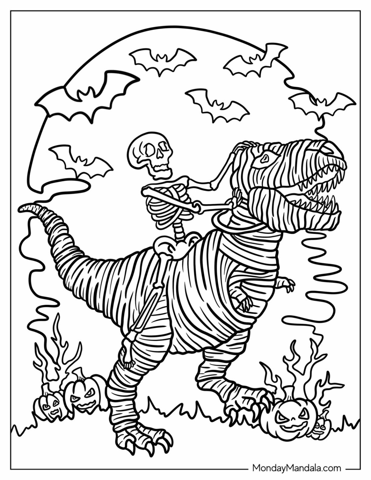 Halloween Coloring Page for Adults of Skeleton Riding a Mummy T Rex with Bats in the Sky