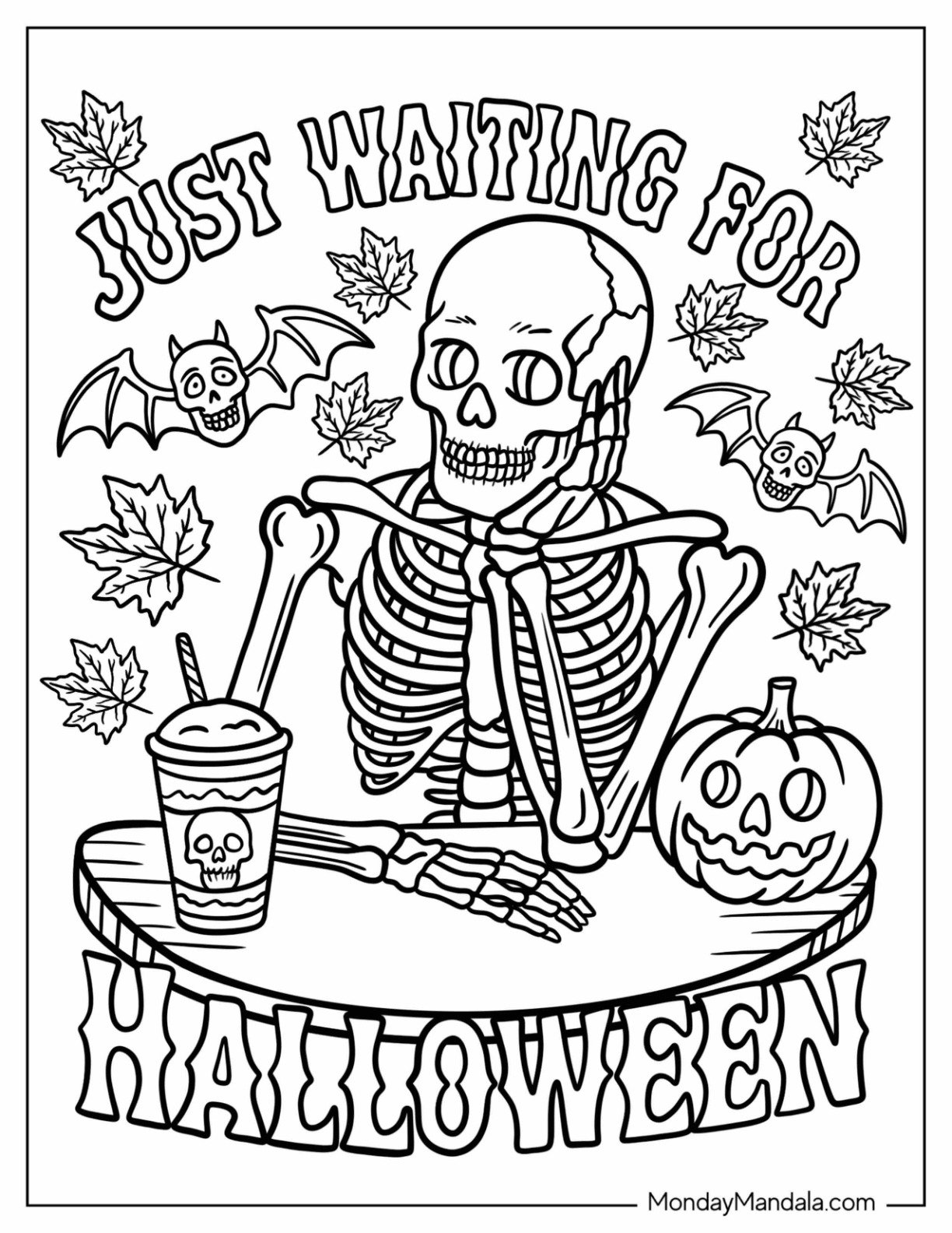 Halloween Coloring Page for Adults of Skeleton Sitting at Table with Pumpkin and Drink Waiting for Halloween