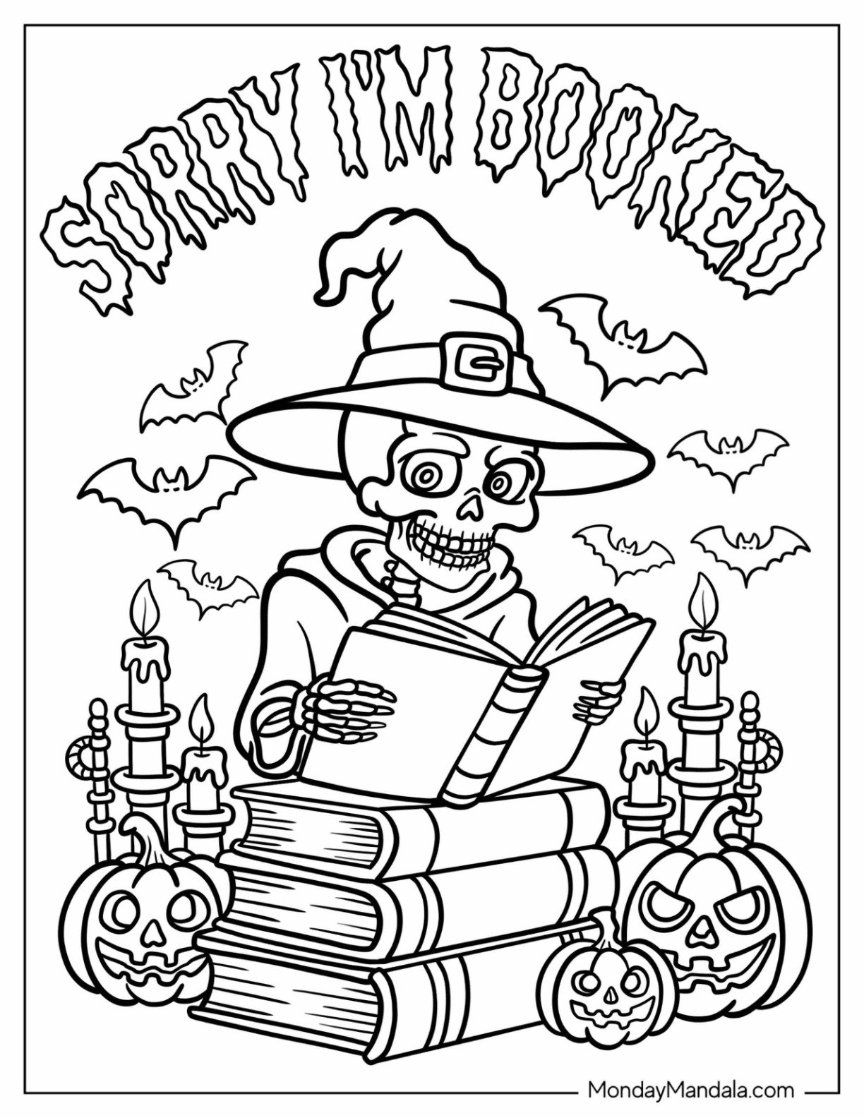 Halloween Coloring Page for Adults of Skeleton Witch Reading a Stack of Books with Pumpkins and Bats Halloween