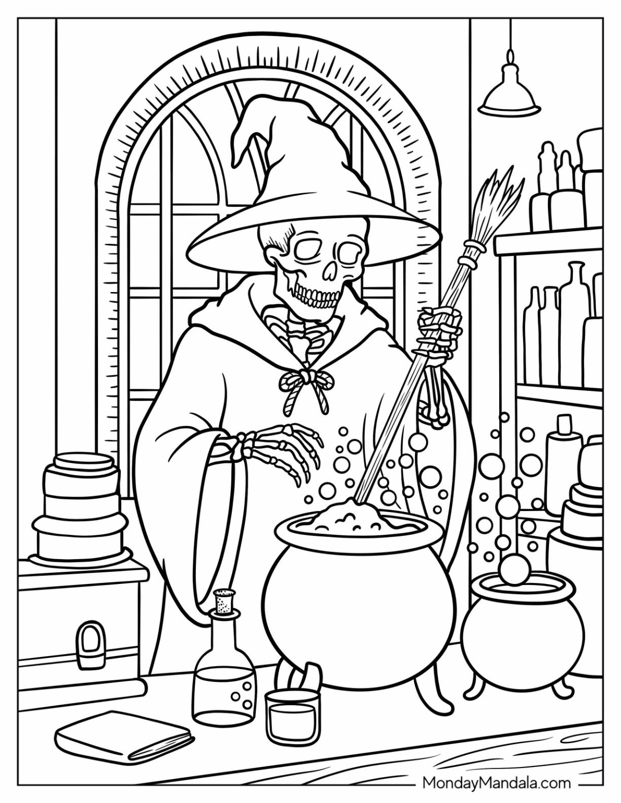 Skeleton Coloring Page Wizard Stirring a Magic Cauldron