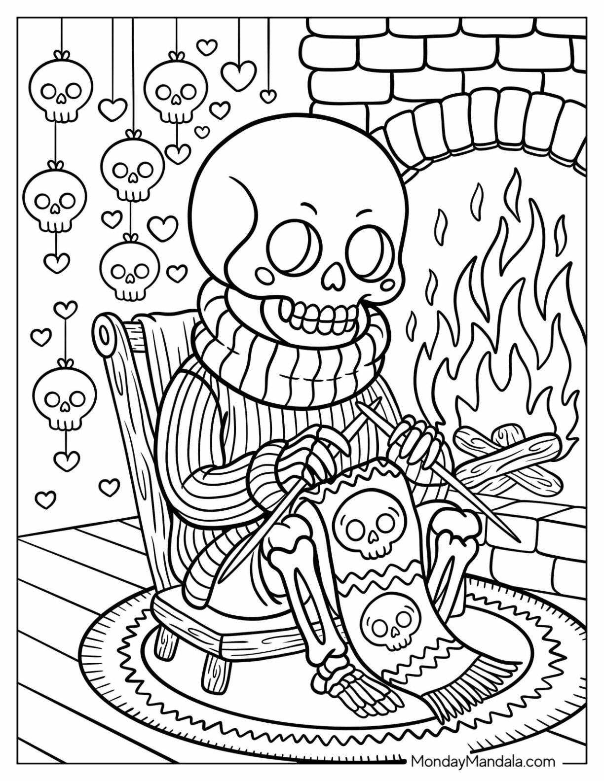 Skeleton Coloring Page in a Cabin Knitting Halloween Blankets Near a Fireplace